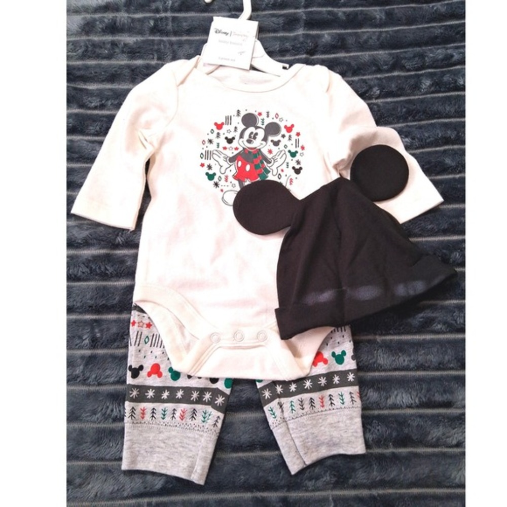 Disney Baby Mickey Mouse 3 Piece Holiday Outfit Long Sleeve Pants‎ Hat Size 3M